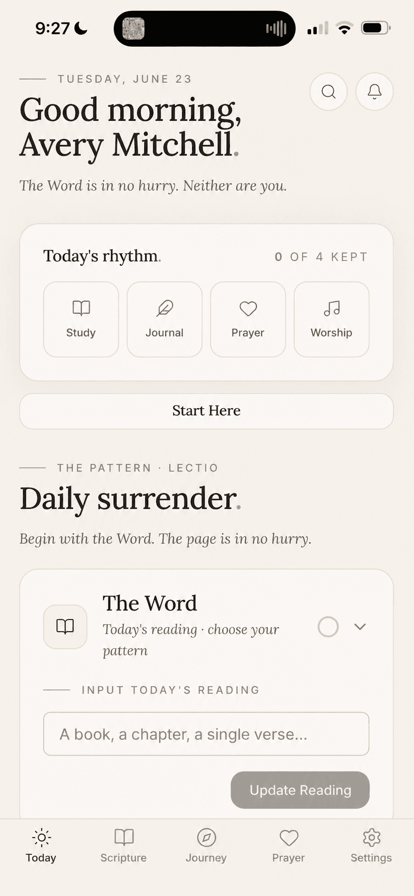 DwellDeep's Today screen — your daily rhythm of Scripture, journaling, and prayer.